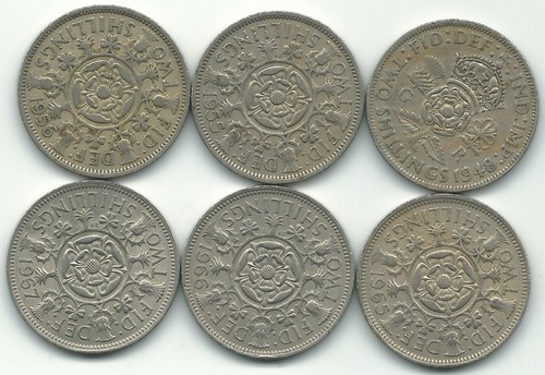 6 GREAT BRITAIN 2 SHILLINGS FLORIN COINS-1948,1955,1956,1965,1966,1967-JUL226