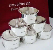 6 Cased Scottish NEW Sterling Silver Beaded Napkin Rings, Edinburgh 2024