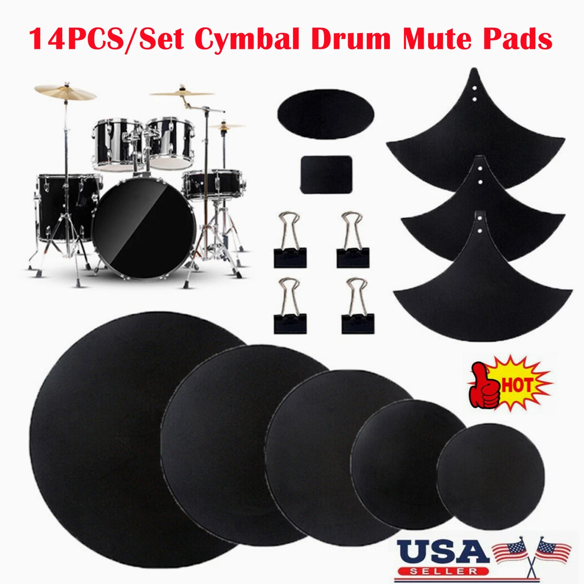 14pcs Drum Mute Pads Set Drum Head Pad Mute Pad Belt Mat for Drum Silencer S2H7