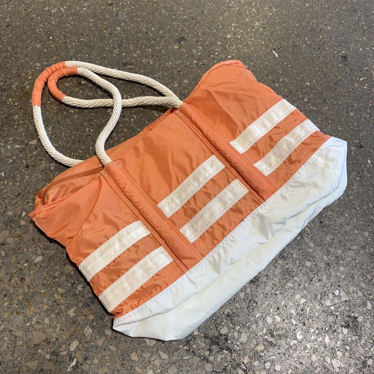 Vintage 90's L.L. Bean Orange & White Nylon Zipper Tote Bag Rare