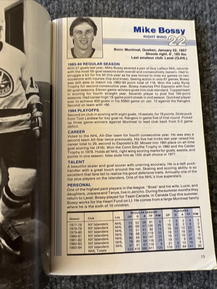Guía de medios de los New York Islanders 1984-85 Mike Bossy NHL hockey Foto 3 de 4