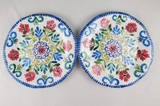 Tommy Bahama Melamine Dinner Plates Blue Pink Floral Medallion Wavy Edges Thick