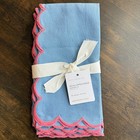 POTTERY BARN SCALLOP BORDER COTTON/LINEN NAPKINS SET OF (4) BLUE/CORAL PINK 20"