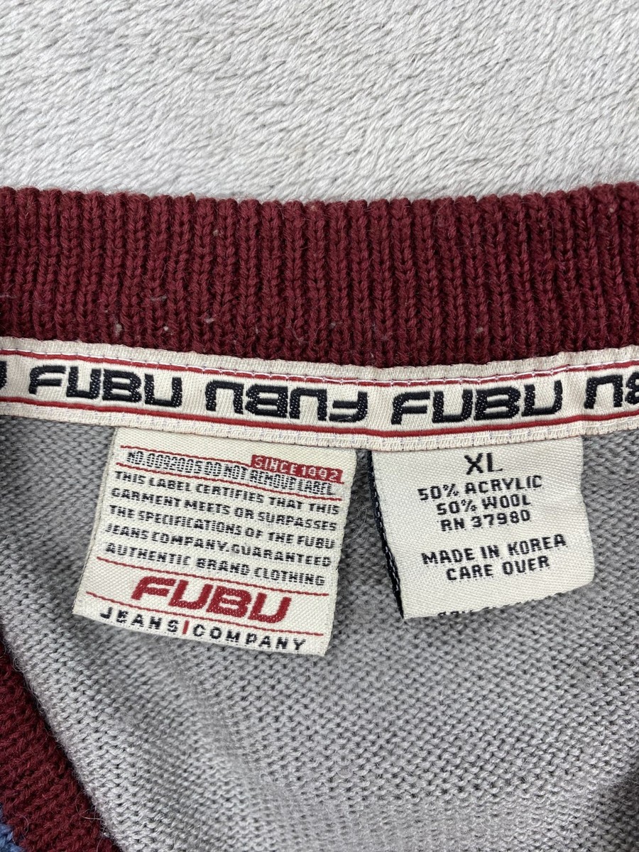 Vintage FUBU Sweater Mens XL Gray Acrylic Logo V-Neck Ribbed Hem Sleeve Pockets View 5