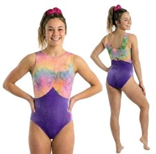 GK Elite VTG Watercolor Tie Dye Keyhole Velvet Tank Leotard Two Tone Purple AL