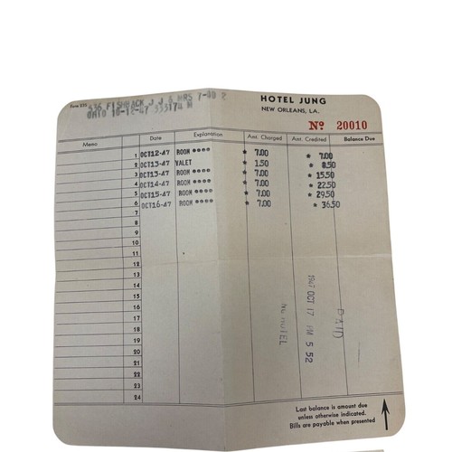1947 Jung Hotel Reservation and Receipts New Orleans Travel Brochures Collection - Picture 4 of 10