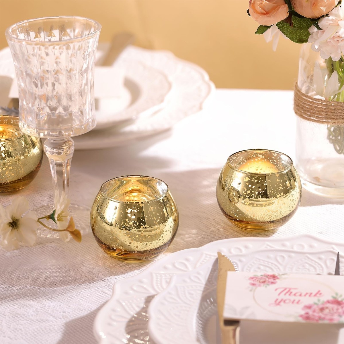 LAMORGIFT 12 Pcs Gold Votive Candle Holders -Gold Mercury Glass