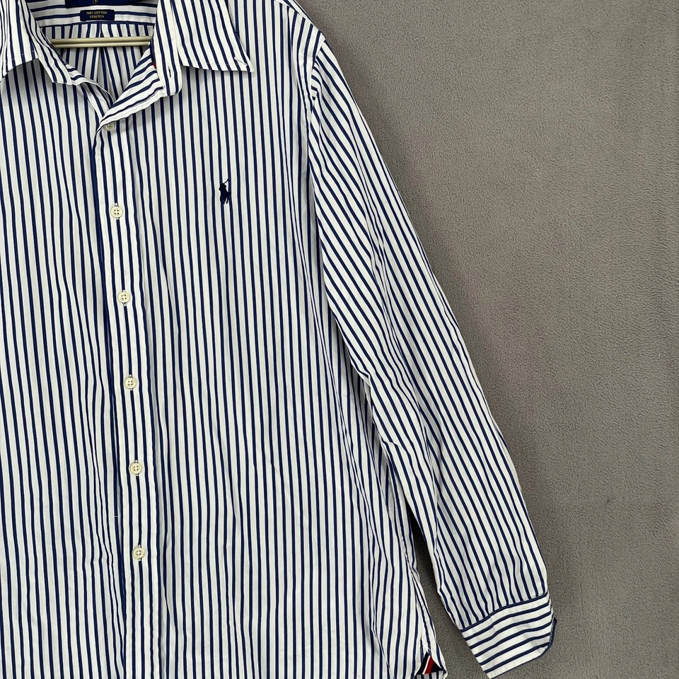 Camisa masculina Ralph Lauren extra grande listrada azul branca botão longo elástico - Imagem 4 de 4