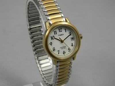 Timex Indiglo Watch Women 25mm Date Two-Tone Stretch Band 6''+ New Battery