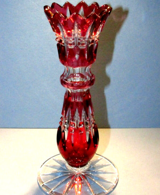 CAESAR CRYSTAL Red Vase Candlestick Hand Cut to Clear Overlay Czech Cased 