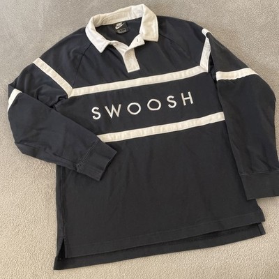 Nike Rugby Polo Shirt Mens M Black Color Block Swoosh Spell Out Long Sleeve VTG