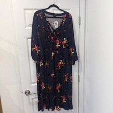 Torrid Navy Floral Print Long Sleeve Tie Neck Midi Dress Plus Size 4X 26 Boho