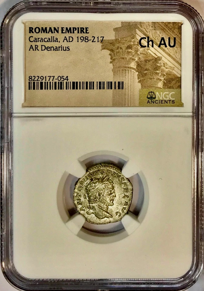 Moneda Denario de Plata Antigua Caracalla 198-217 dC Roma Como Nueva NGC Elección AU Foto 3 de 4