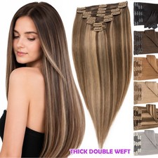 Thick Double Wefted Clip In Real Remy Human Hair Extensions Full Head Highlight