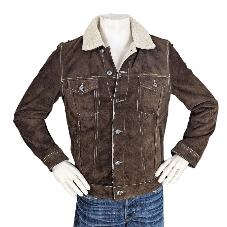 Men's Trucker Brown Real Suede Leather Vest Shearling Fur Gilet Sherpa Jacket