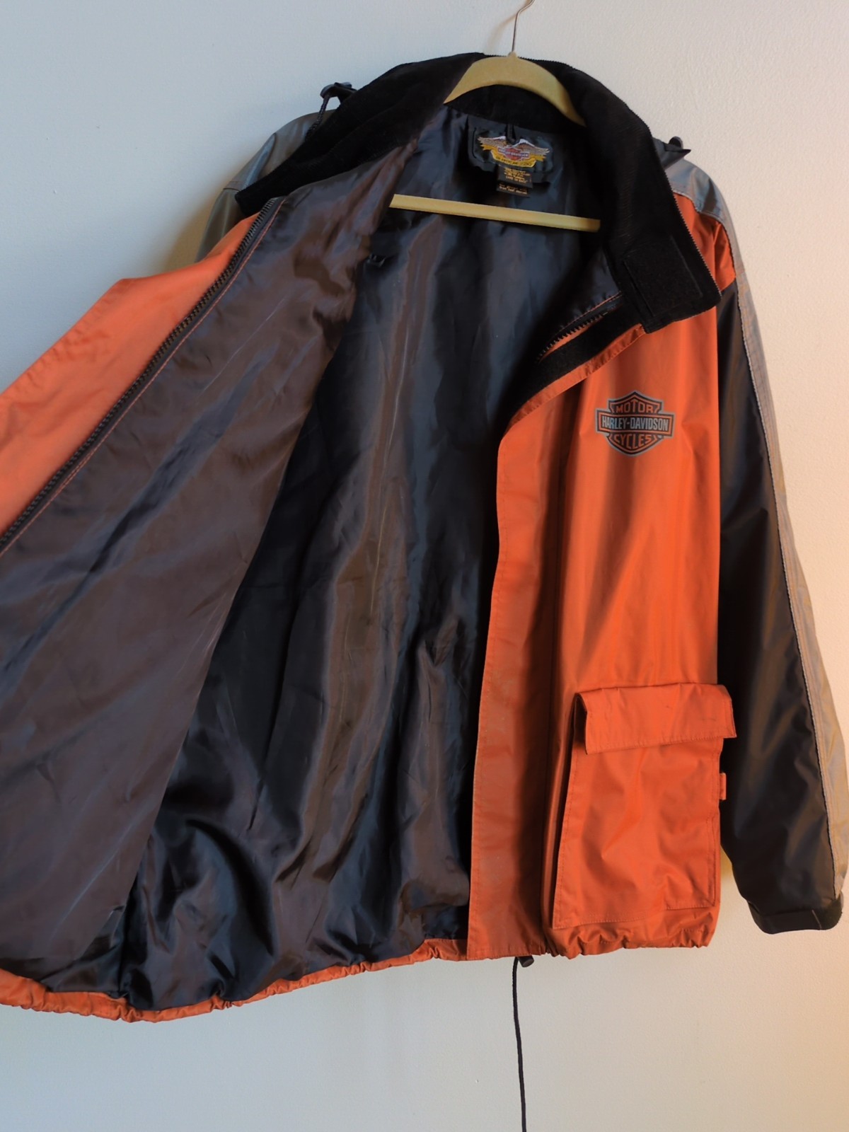 Harley Davidson Rain Suit Mens L Jacket Pants Reinforced Black Orange High Vis