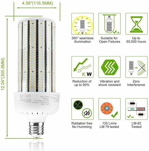 480V 120W LED Corn Light Bulb Warehouse Parking Lot High Bay Shoebox Light 5000K - Picture 2 of 12