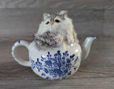 Vintage Faux Fur Cat In a Ceramic Teapot Figurine Collectable Some wear Pls Read