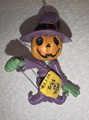 Vtg Halloween ornament Tree Buddees  pumpkin head purple witch hat Trick Treat