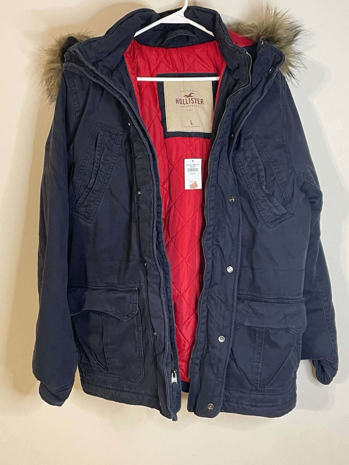 Vintage Large Men's Y2K Hollister Blue Faux Fur Hooded Parka Jacket New NWT