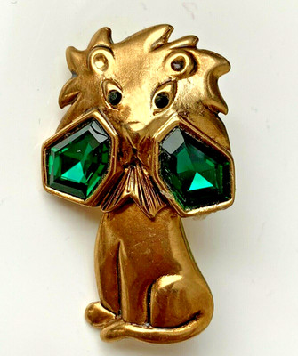 Art Deco Brosche goldener Löwe & Strass GRÜN NEU signiert P&M Paris 4,4 cm