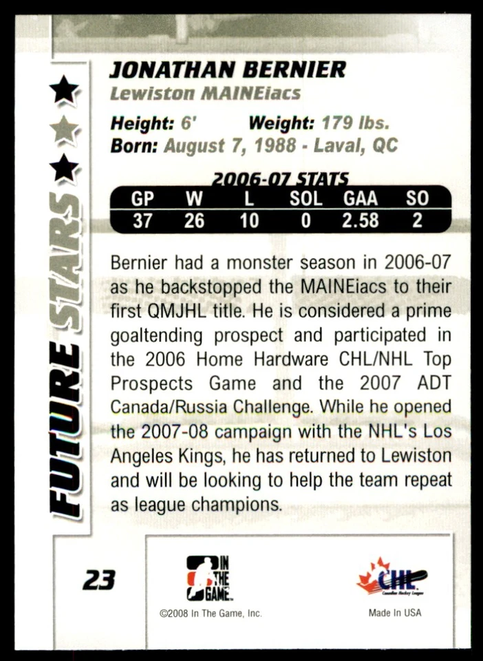 2008-09 In The Game Between the Pipes Jonathan Bernier #23 - Image 2 of 2