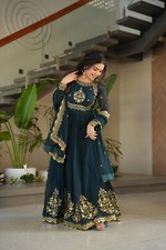 Pakistani Teal Designer Gown With Embrodaried Dupatta
