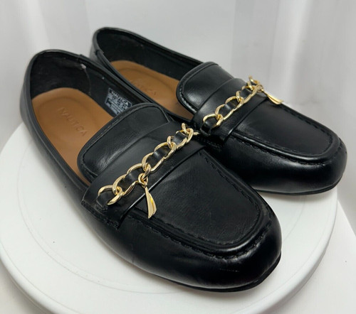 Nautica LUNARA Slip On Shoes Women's Size 6.5W Black Gold Chain Logo Charm