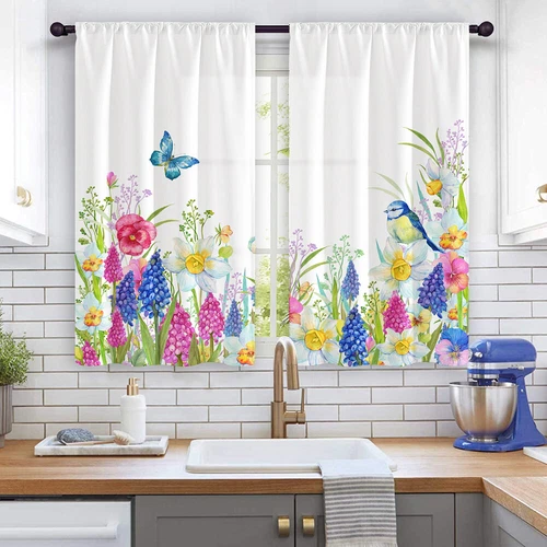 2X Rod Pocket Floral Blackout Valance Kitchen Waterproof Window Curtains Drapes - Picture 27 of 54
