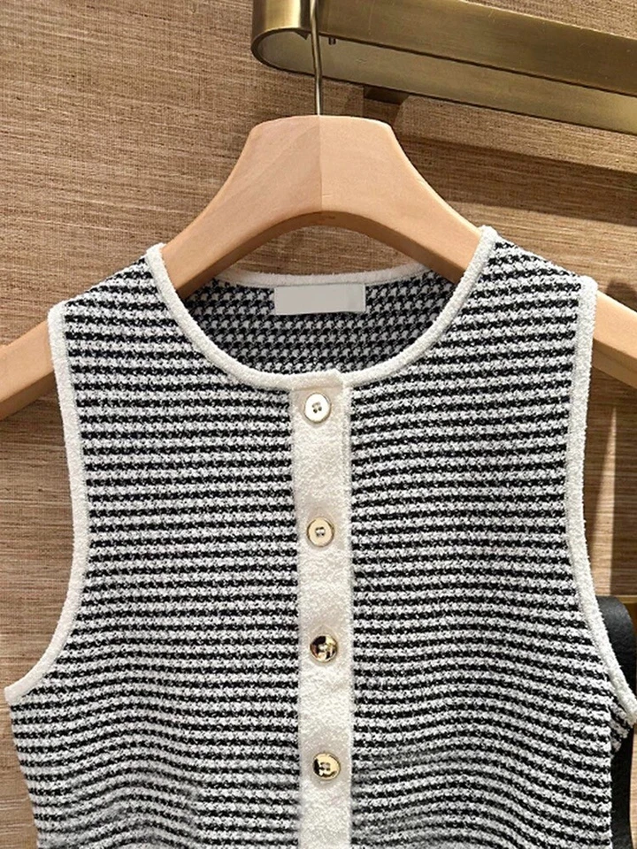 Mujeres Sandro Sin Mangas Hebilla Rayas Tejido Chaleco Blusa Top Foto 4 de 4