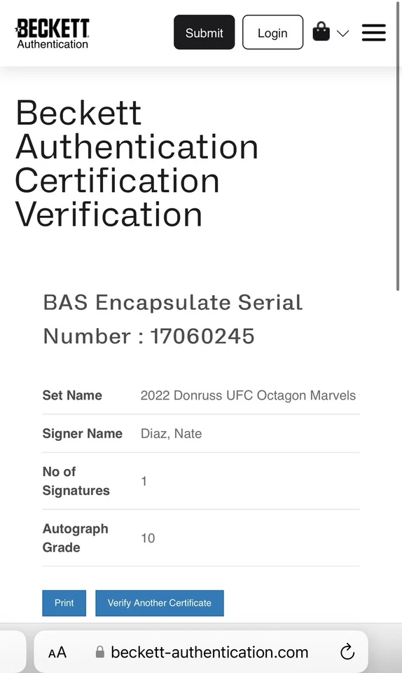 Nate Diaz Signed UFC Donruss Octagon Marvels Card IP Slabbed Beckett BAS b - Image 3 of 3