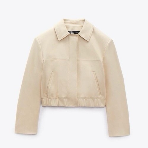 Zara Beige Elastic Hem Snap Bomber Jacket. Sz L. NWOT!