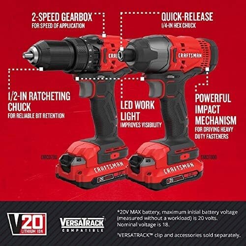 CRAFTSMAN V20 MAX Cordless Drill and Impact Driver, Power Tool Combo Kit with 2 - Picture 2 of 7