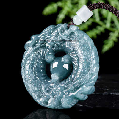 Real Grade A 100% Natural Blue Jade Jadeite Lucky Circle Dragon Pendant 
