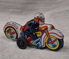 Vintage Tin Metal Friction Military Police Motorcycle Toy, Pull Back Doesnt Work