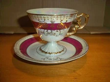 Vintage Japan Iridescent Cup Saucer Footed Porcelain
