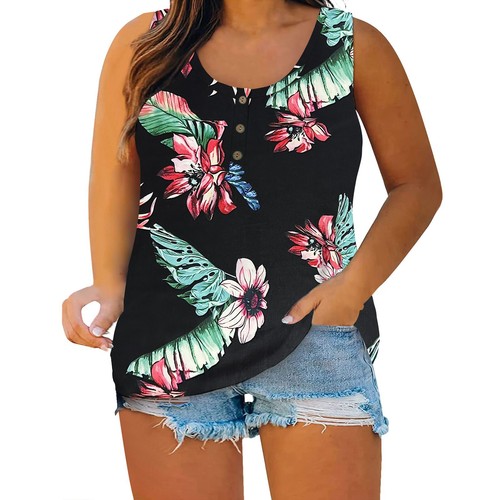 Womens Plus Size Tank Tops Summer Sleeveless Henley Shirts Casual Tee Blouses - Picture 30 of 79