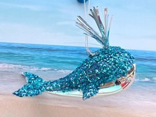 BLUE Glitter WHALE SILVER Tinsel WATER SPOUT CHRISTMAS ORNAMENT New