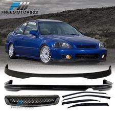 Fits 96-98 Honda Civic Front + Rear Bumper Lip Spoiler + Grille + Window Visors