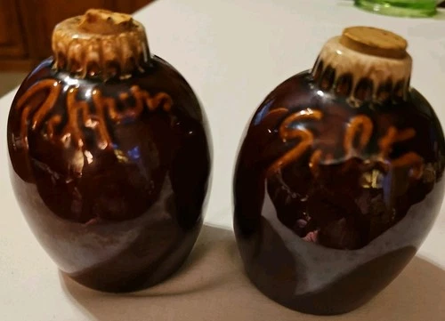 Hull Brown Drip Pottery Oven Proof USA Large Salt & Pepper Shakers w/Corks 4"