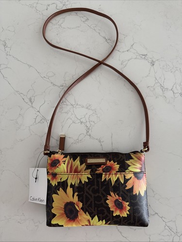 Calvin Klein Handtasche braun Sonnenblumen klein Neu mit Etikett - Bild 1 von 11