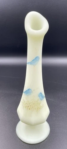 Fenton? Custard Satin Glass Hand Painted Bluebird Bud Vase Glows *READ*