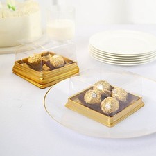 50 Gold Clear 4 in Square Mini Plastic FAVOR BOXES Dessert Cupcake Holders Party