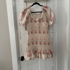 LoveShackFancy Medium Silk Violet Dress Floral Ruffle Mini Puff Sleeve Smocked