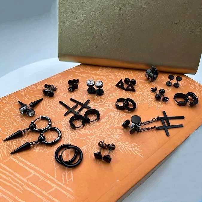 Kit de 15 pares de brincos masculinos, brincos de aço inoxidável para homens mulheres Fashi - Imagem 4 de 4