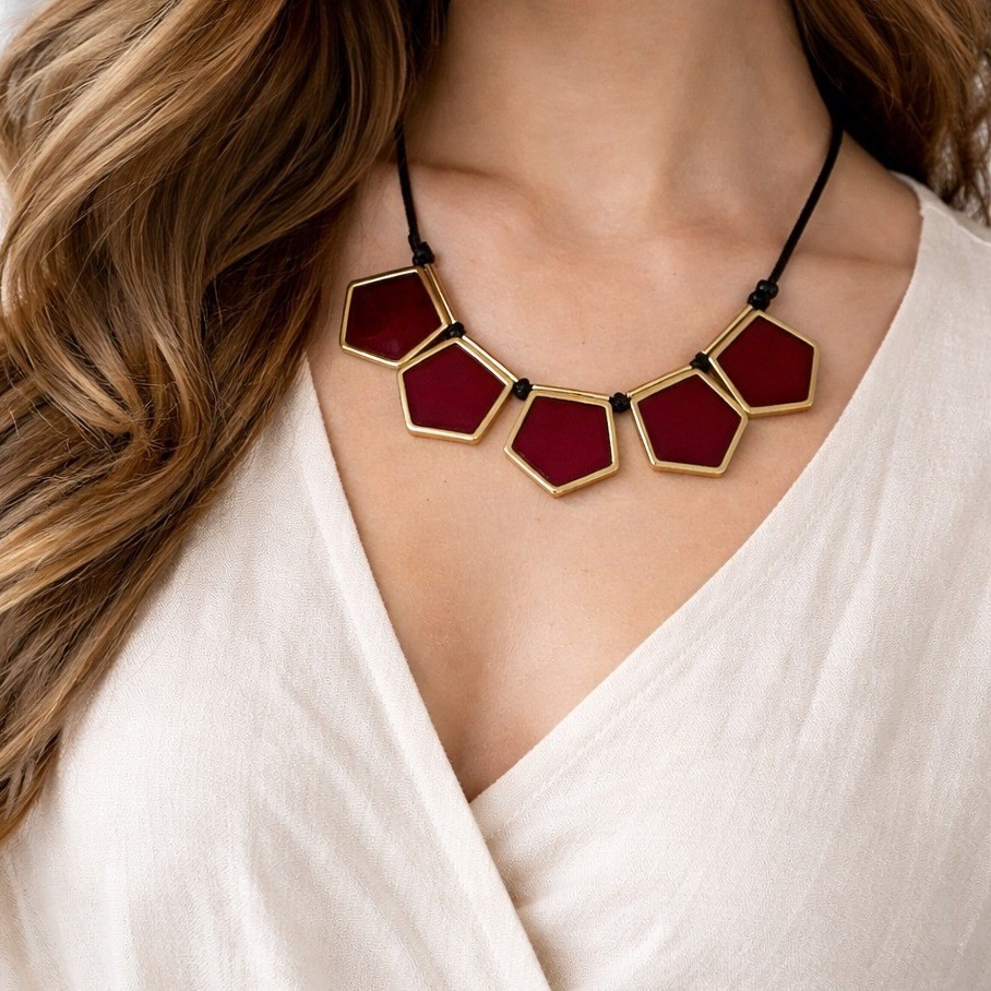 Vintage Yves Saint Laurent YSL Red Gold Pentagonal Statement Cord