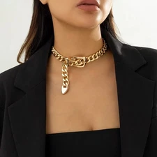 Ladies Sexy Thick 9mm Gold Silver Belt Style Choker Chain Cuban Link Necklace