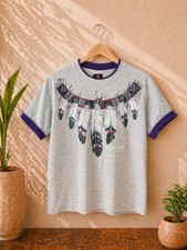 Vintage 90s Dreamcatcher Feather Graphic Ringer Tee Boho Western USA Made Large