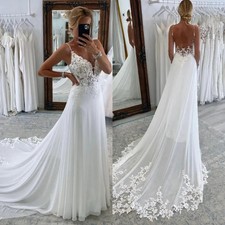 Beach A Line Chiffion Wedding Dress Sexy V-neck Spaghetti Straps Backless Button