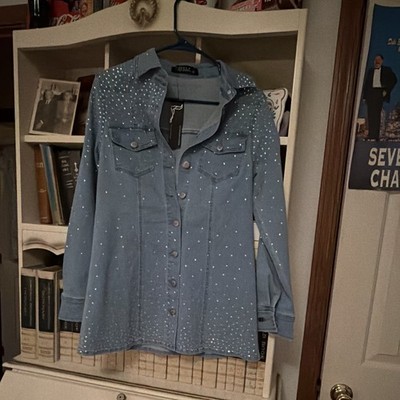 Lucky & Blessed Blue Rhinestone Button-Up Shirt Women's S Long Sleeve Collared